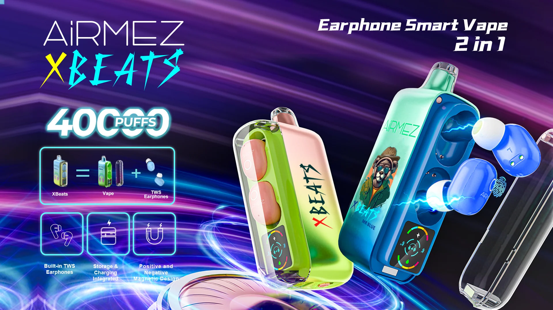 Airmez Xbeat – magnetyczne urządzenie vape 2 w 1 ze słuchawkami TWS