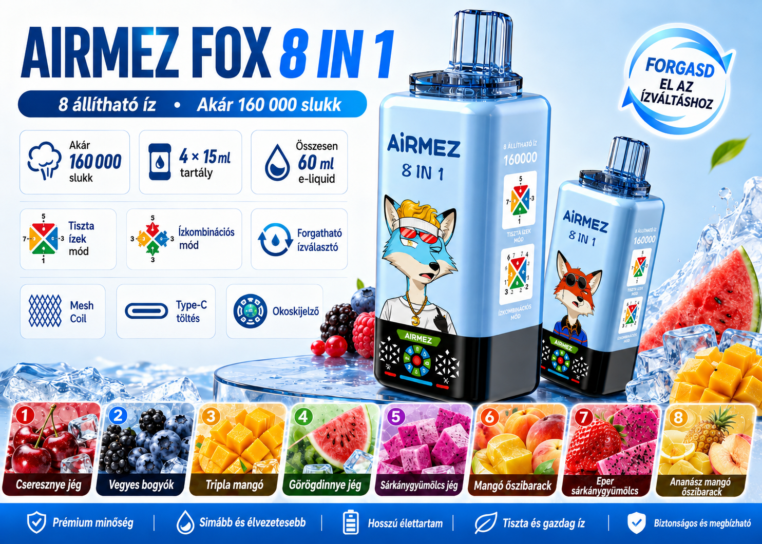 Airmez Fox 8IN1 160K z czterema zbiornikami i systemem ośmiu ustawień smakowych