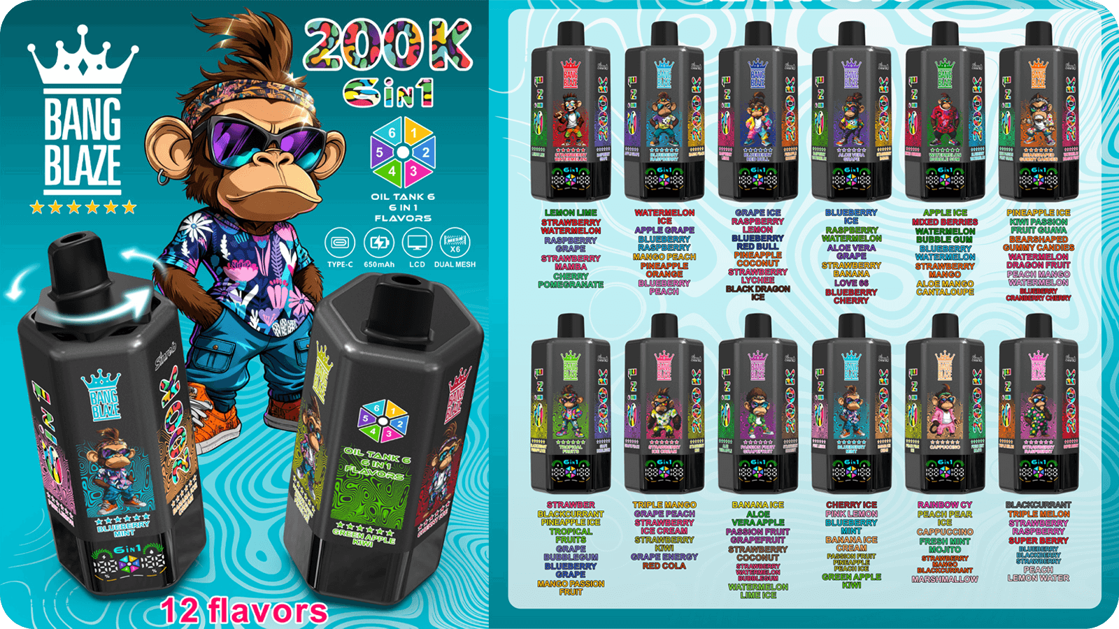 BANG Blaze 200K Puffs 6in1 i zestawienie dwunastu zestawów po sześć smaków