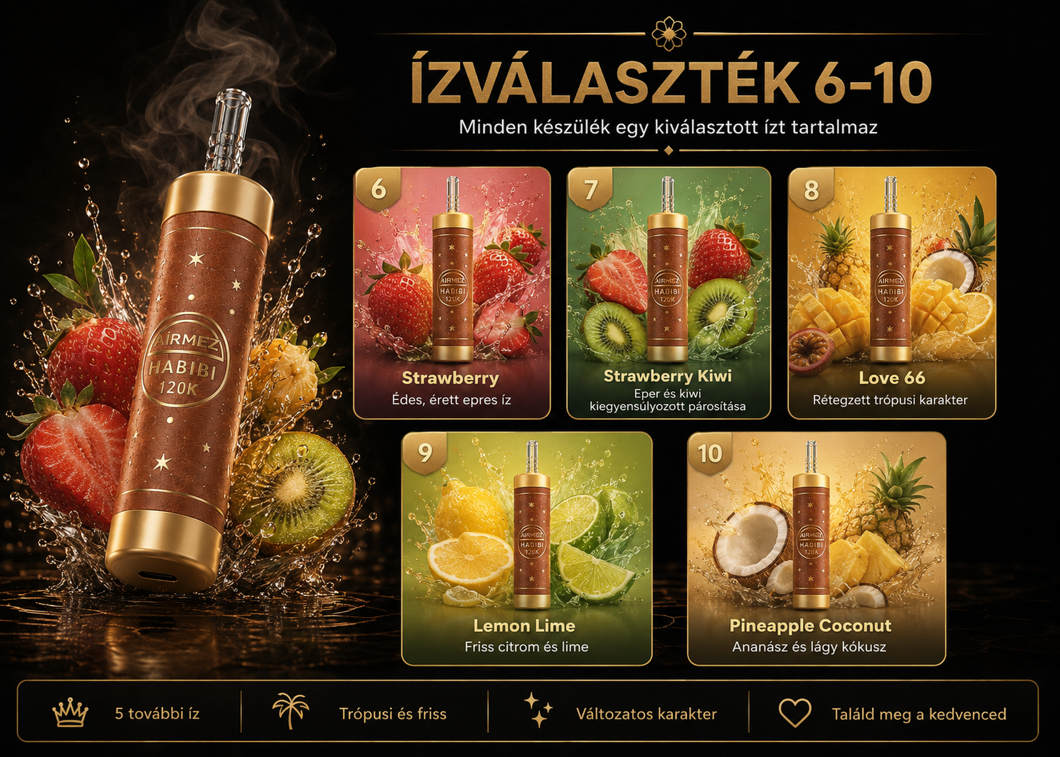 Smaki Airmez HABIBI 120K: Strawberry, Strawberry Kiwi, Love 66, Lemon Lime i Pineapple Coconut