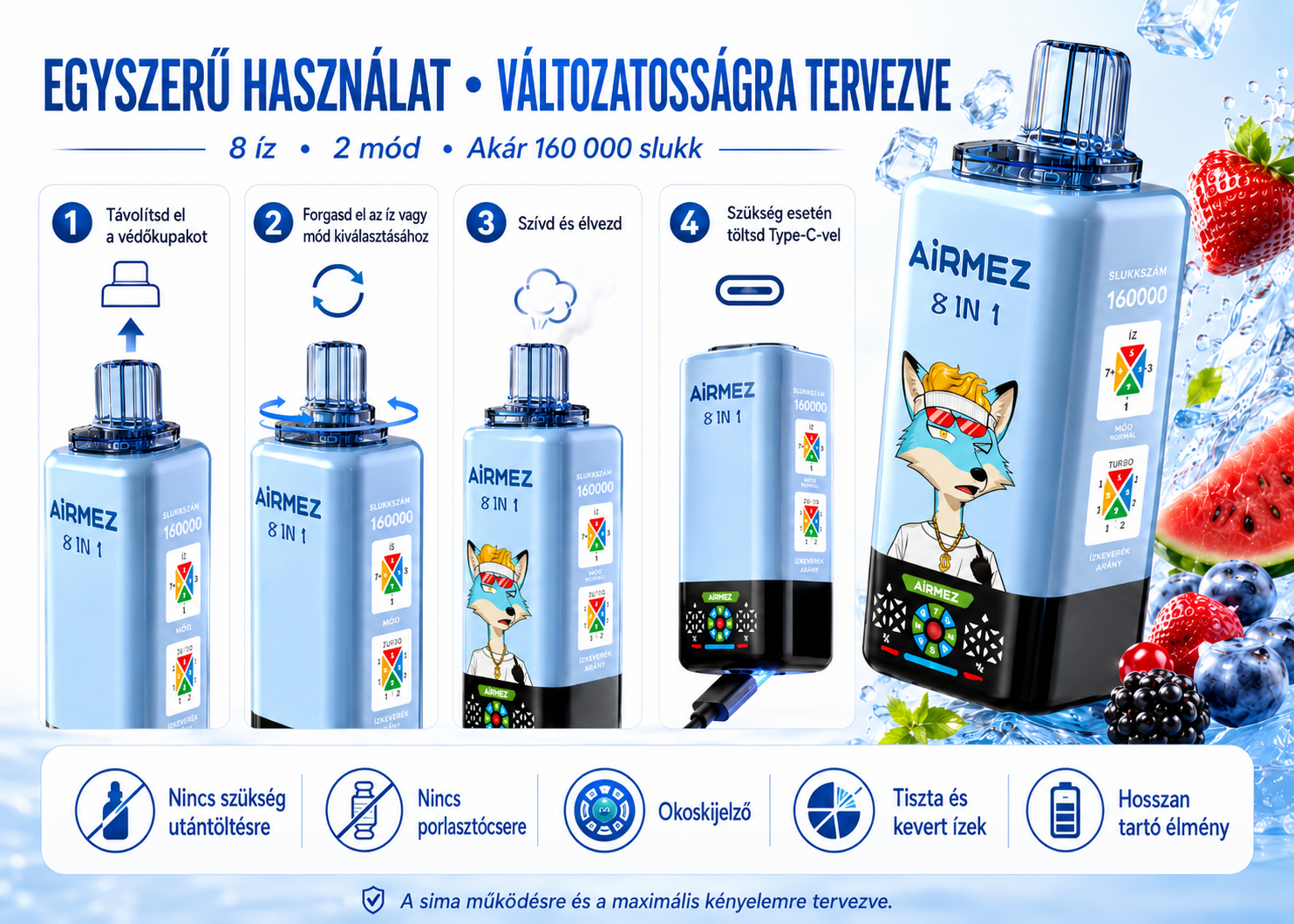 Wybór smaku i ładowanie Type-C w Airmez Fox 8IN1