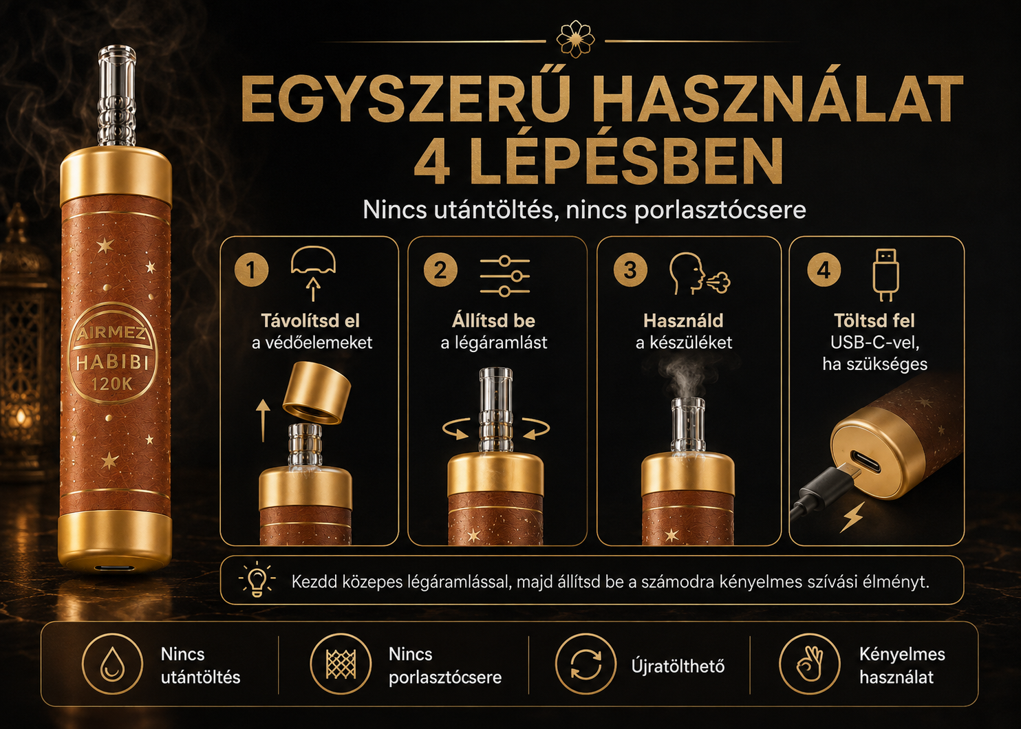 Obsługa Airmez HABIBI 120K – regulacja przepływu powietrza i ładowanie USB-C
