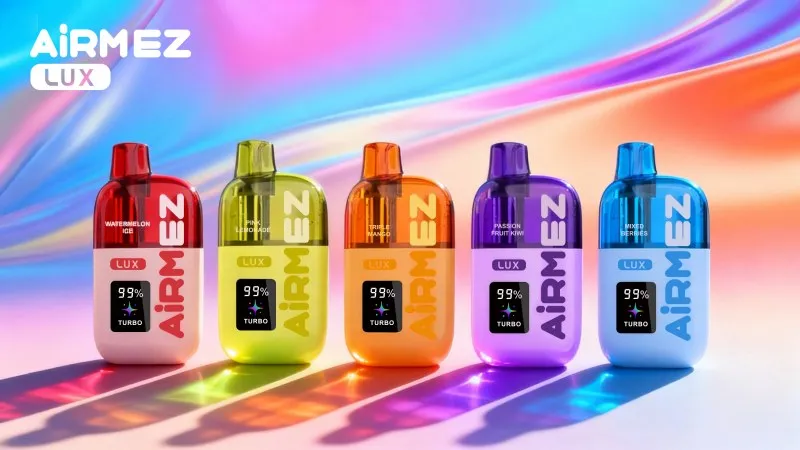 Pięć urządzeń Airmez Lux w różnych kolorach z ekranem i trybem Turbo