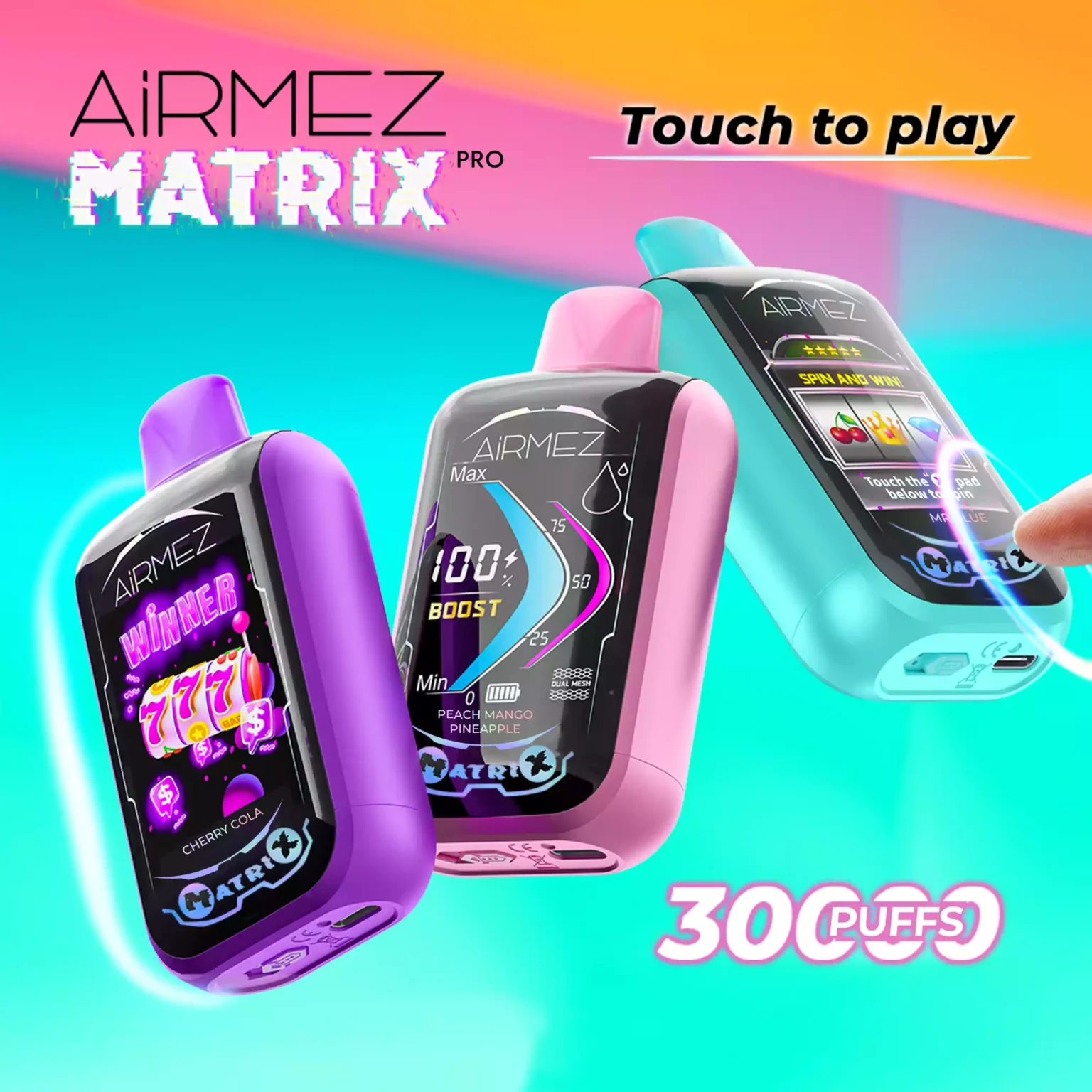 Trzy urządzenia Airmez Matrix Pro z ekranem dotykowym i funkcją Lucky Room