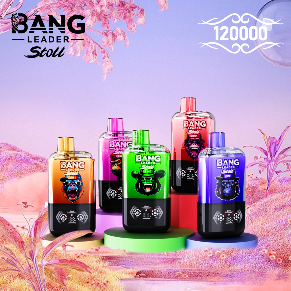Bang Leader Stoll 120K Puffs – pięć kolorowych urządzeń Dual Flavor na różowo-fioletowym tle