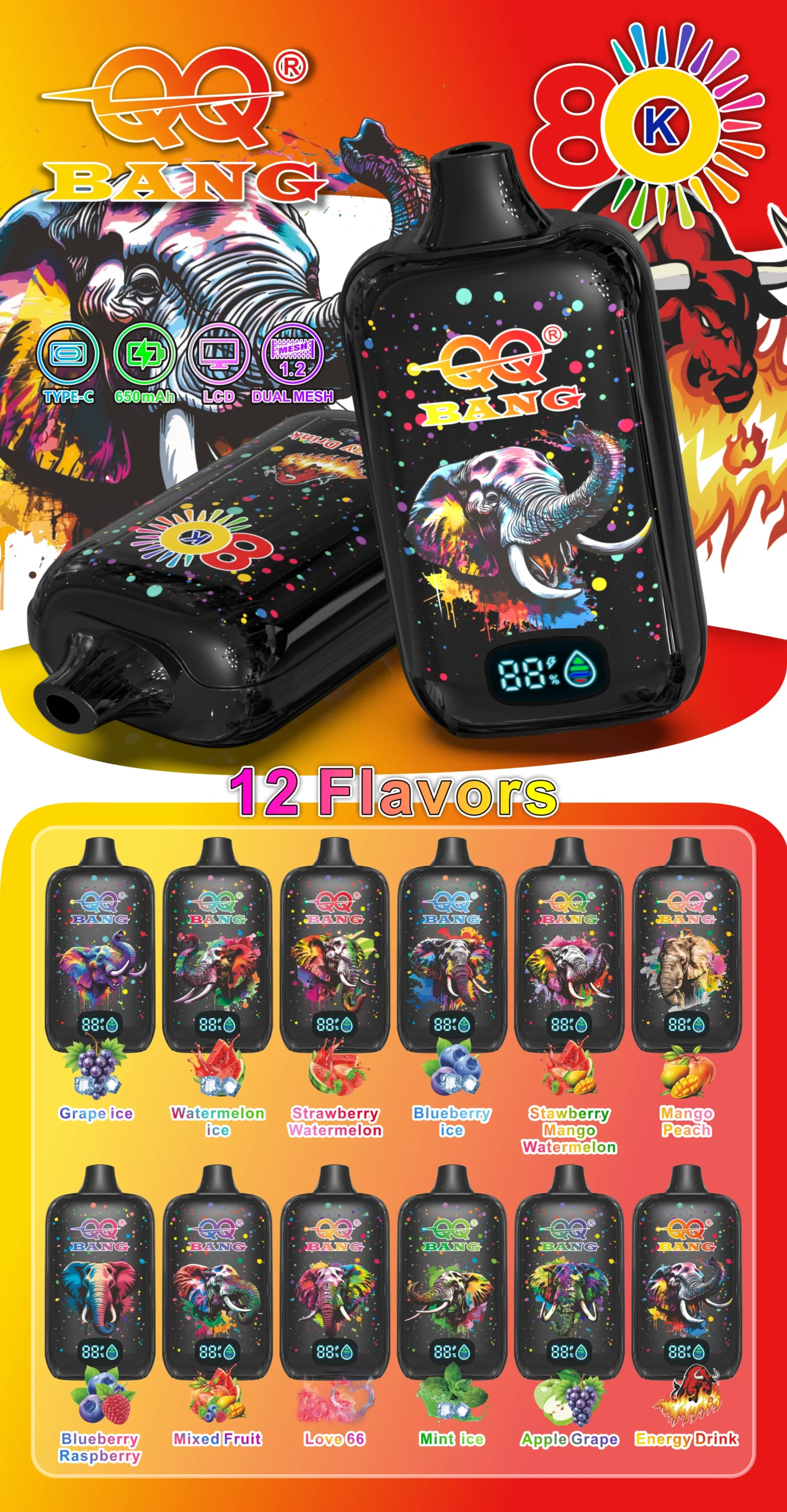 QQ Bang 80000 Puffs z ekranem oraz zestaw 12 wariantów smakowych