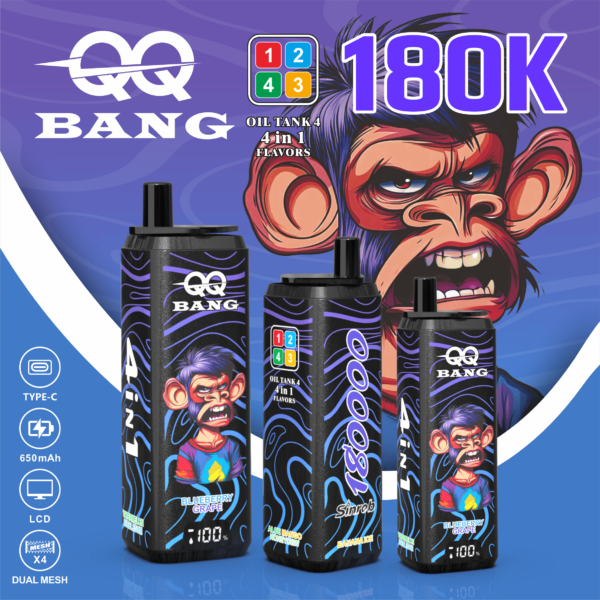 QQ Bang 180K Puffs 4 w 1 – Banana Ice, Watermelon Bubblegum, Blueberry Grape i Aloe Mango Melon