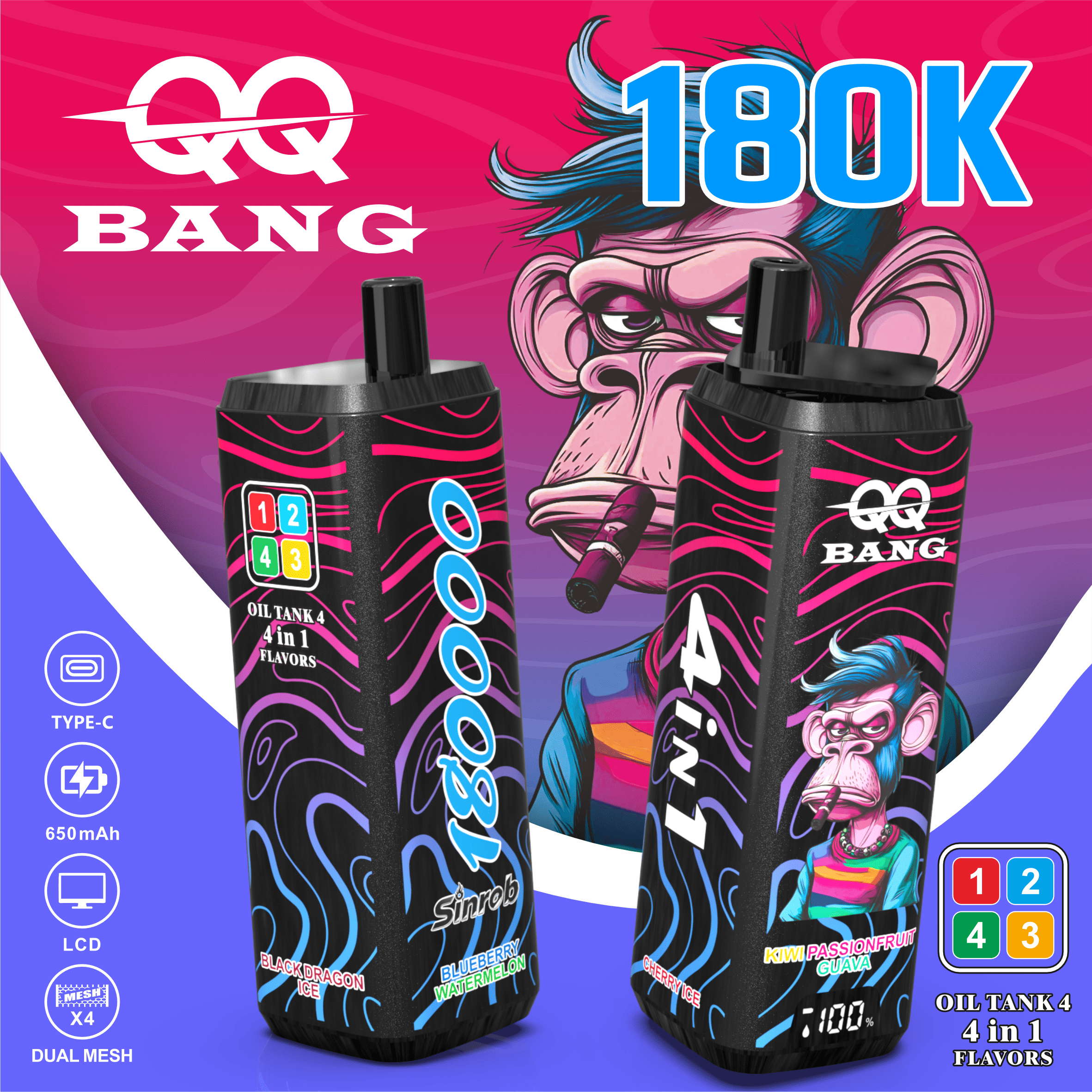 QQ Bang 180K Puffs 4 w 1 – Blueberry Watermelon, Cherry Ice, Kiwi Passionfruit Guava i Black Dragon Ice