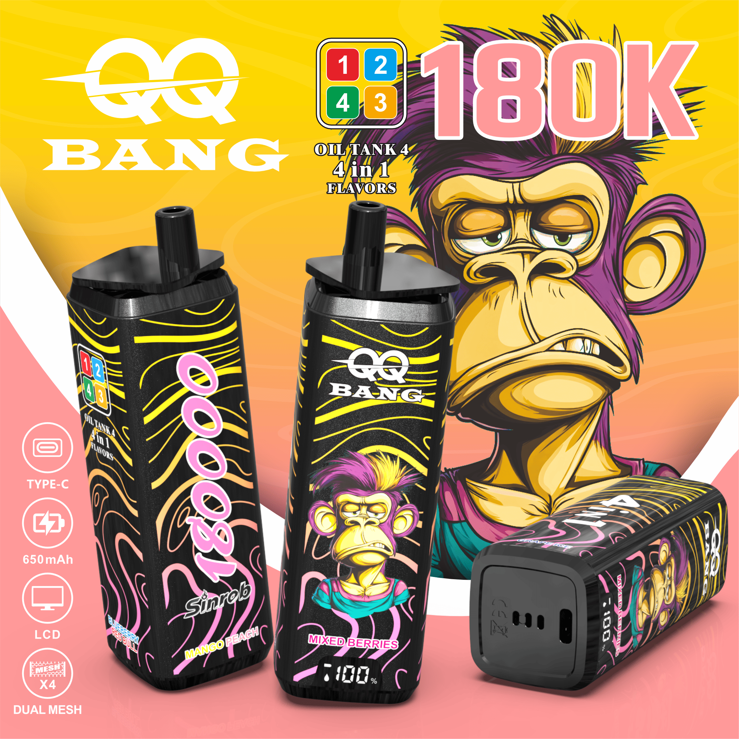 QQ Bang 180K Puffs 4 w 1 – Mango Peach, Grape Ice, Mixed Berries i Blueberry Red Bull