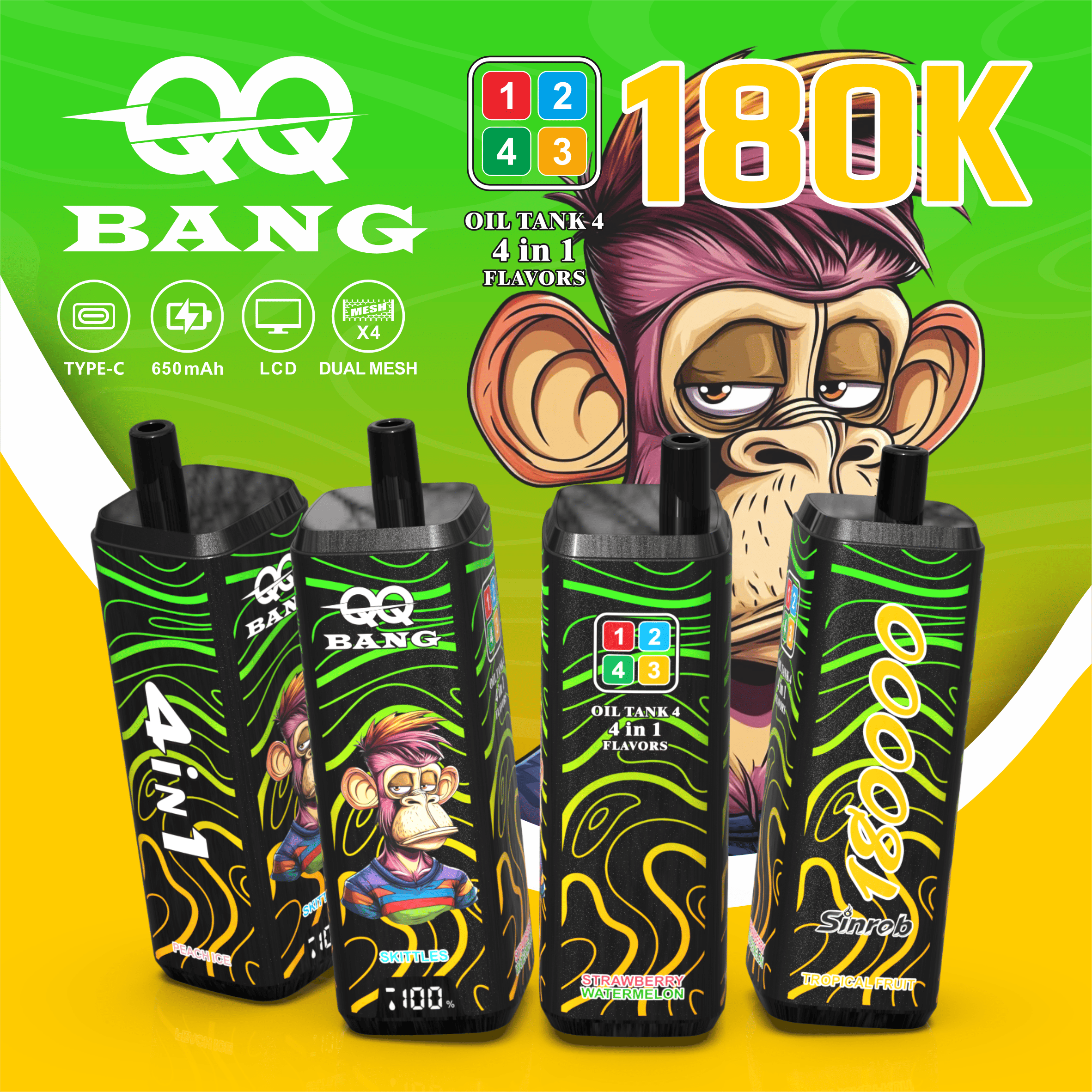 QQ Bang 180K Puffs 4 w 1 – Tropical Fruit, Peach Ice, Skittles i Strawberry Watermelon